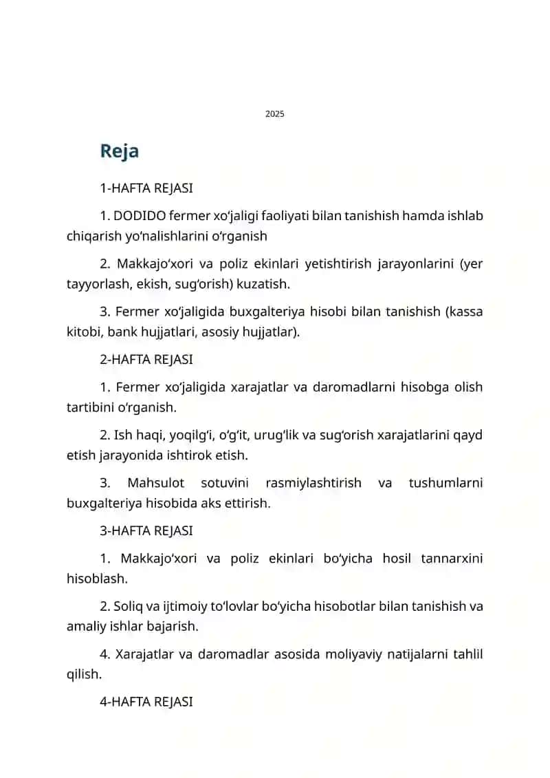 DODIDO Fermer Xo‘jaligida 1 Oylik Amaliyot Hisoboti 2