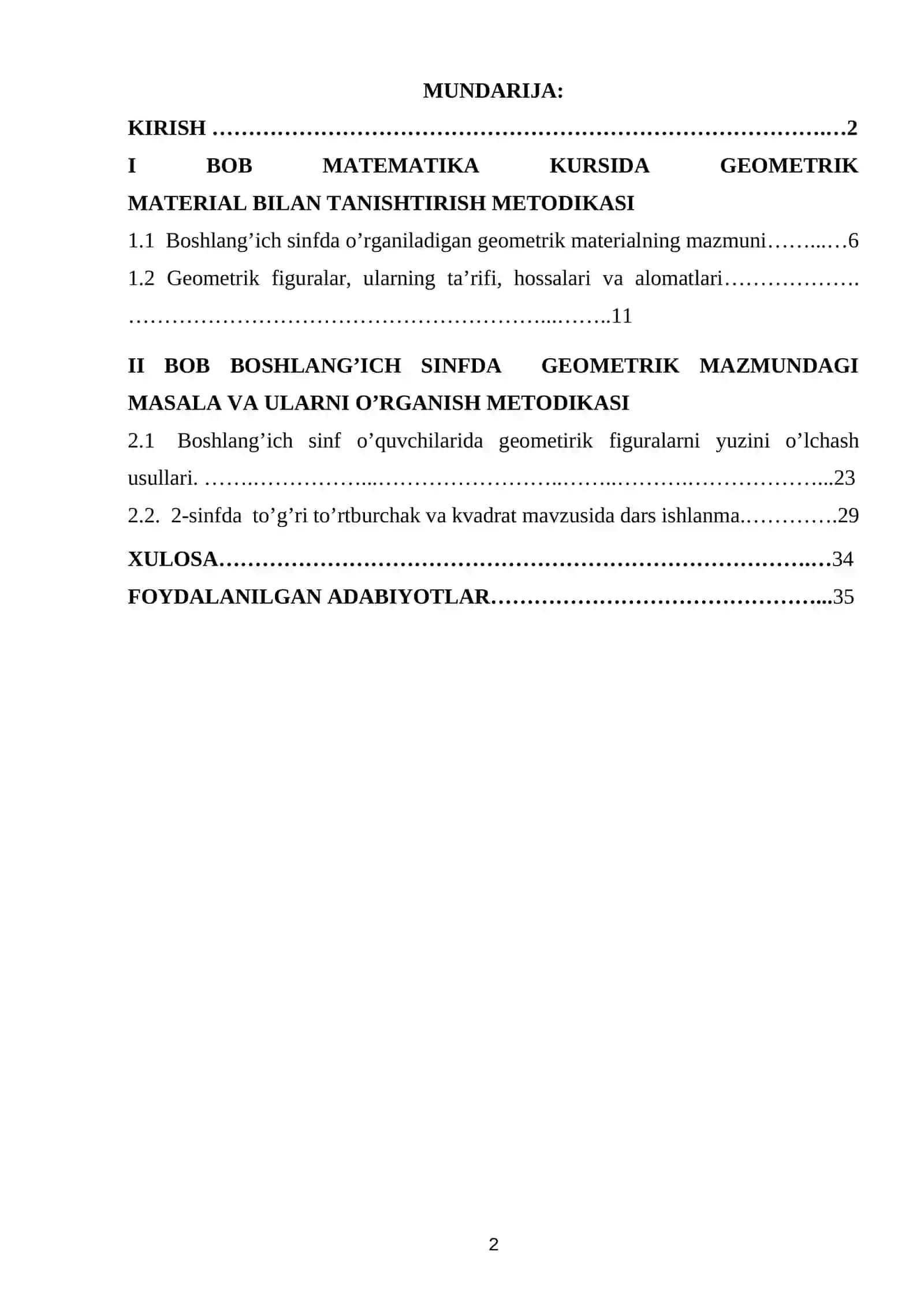 BOSHLANG’ICH SINFDA  GEOMETRIK MAZMUNDAGI                  MASALA VA ULARNI O’RGANISH METODIKASI. KURS ISHI 2