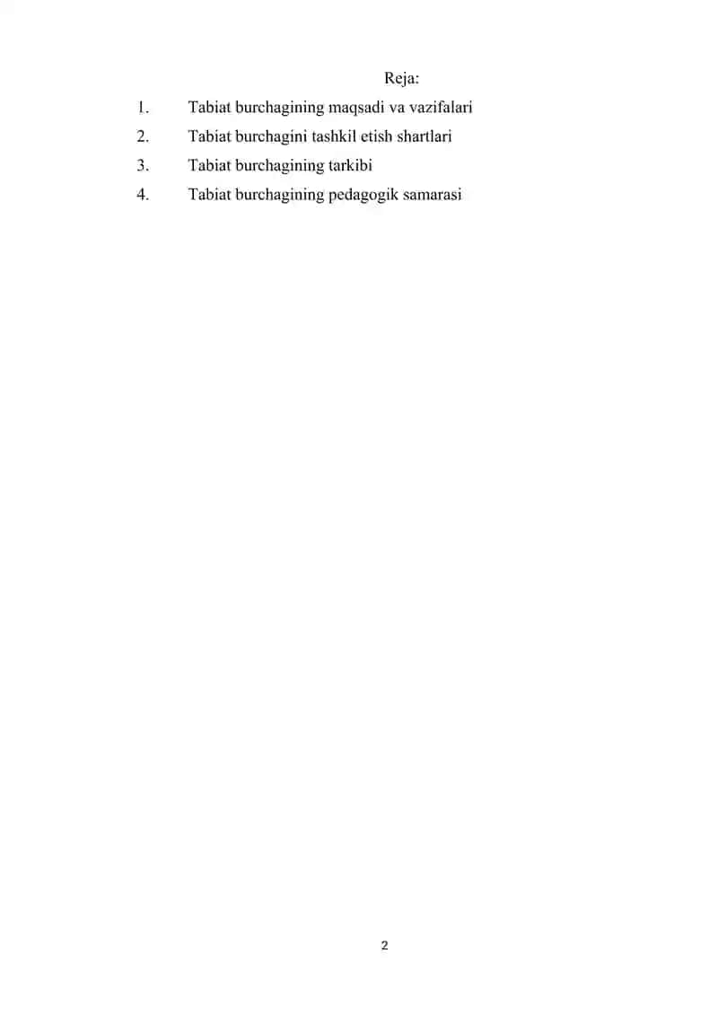 Rivojlantiruvchi markazlarni tashkil etish fanidan Tabiat burchagi Individual 2