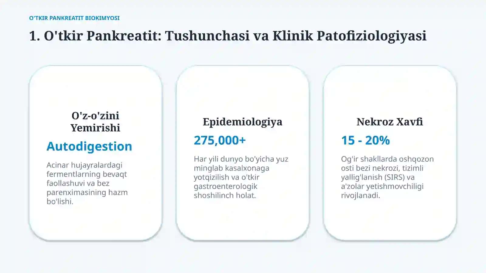 O‘tkir pankreatit: kelib chiqishi va davolashning biokimyoviy asoslari — 15 slayd 2