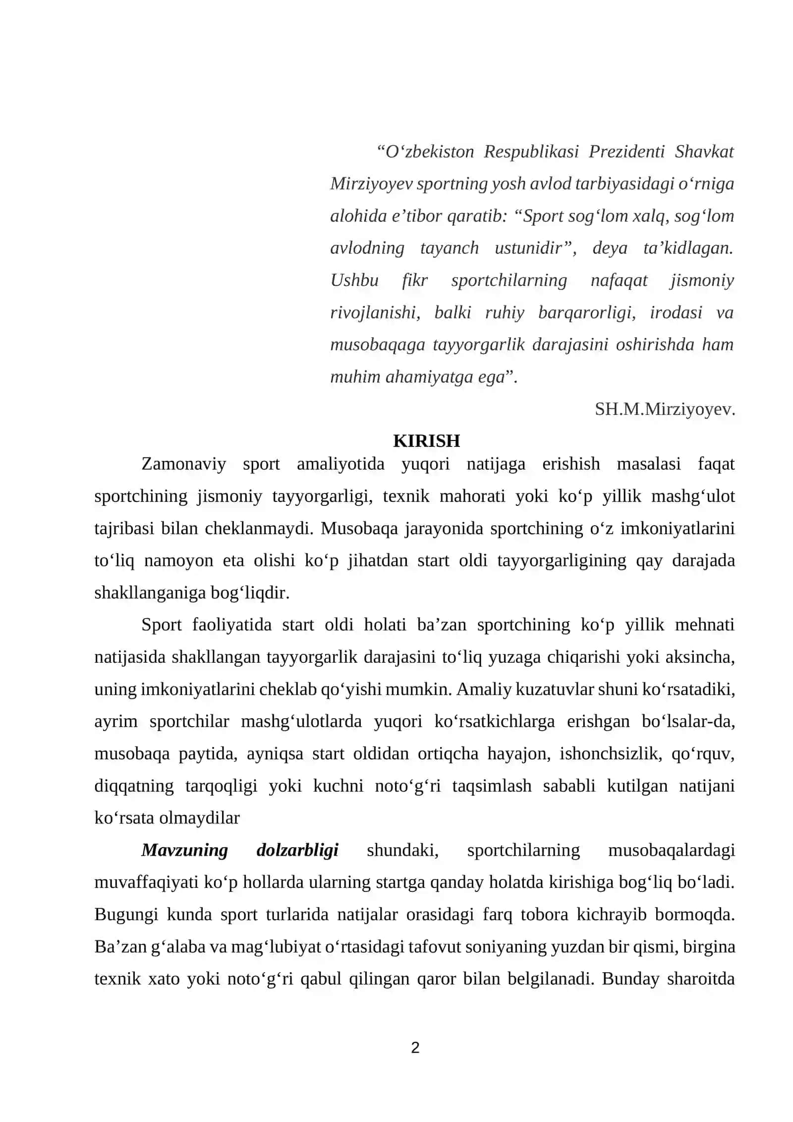SPORTCHILARNING STARTGA TAYORGARLIGI VA UNING NATIJAGA TASIRI 2