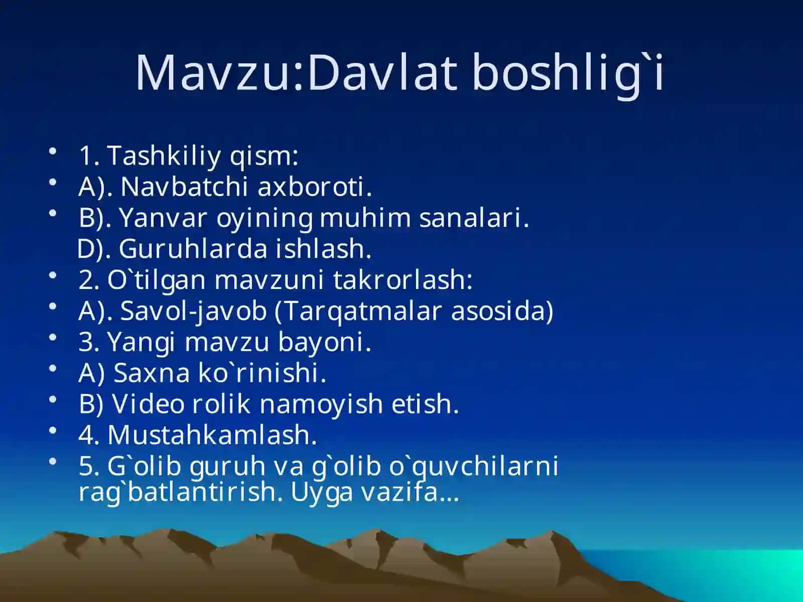 Uchquduq tuman 30-sonli maktabning Milliy istiqlol g`oyasi, huquq va ma`naviyat asoslari fani o`qituvchisi Murodova Shahnozaning bir soatlik slayd dars ishlanmasi 2