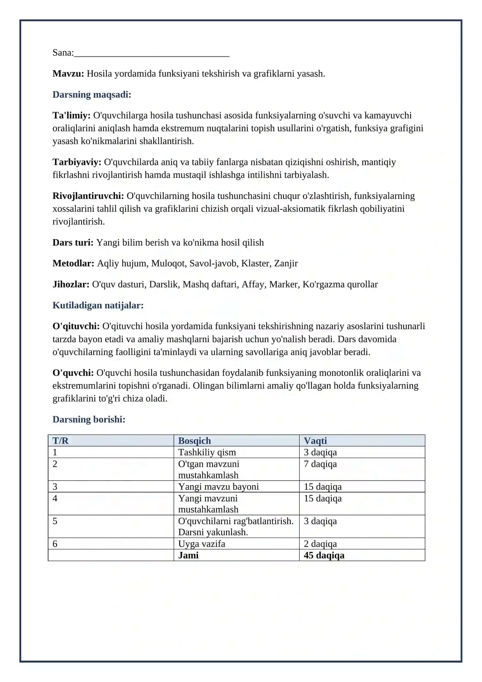 Lesson on Hosila yordamida funksiyani tekshirish va grafiklarni yasash. 2