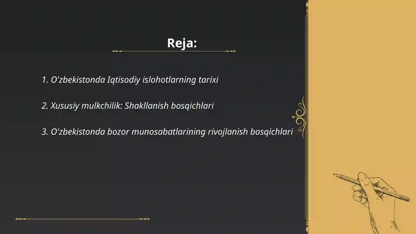 Iqtisodiy islohotlar, xususiy mulkchilikning shakllanishi. O'zbekistonda bozor munosabatlarining rivojlanishi 2