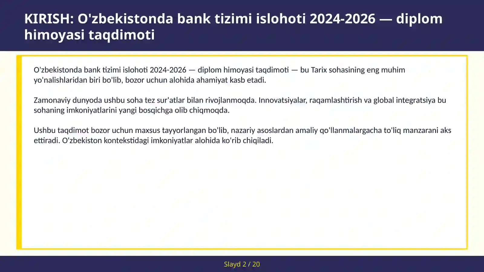 O'zbekistonda bank tizimi islohoti 2024-2026 — diplom himoyasi taqdimoti 2