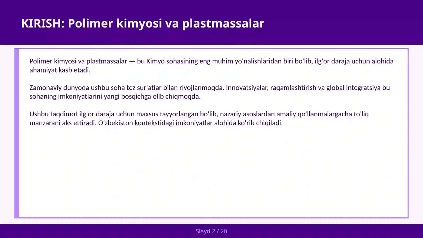 Polimer kimyosi va plastmassalar 2