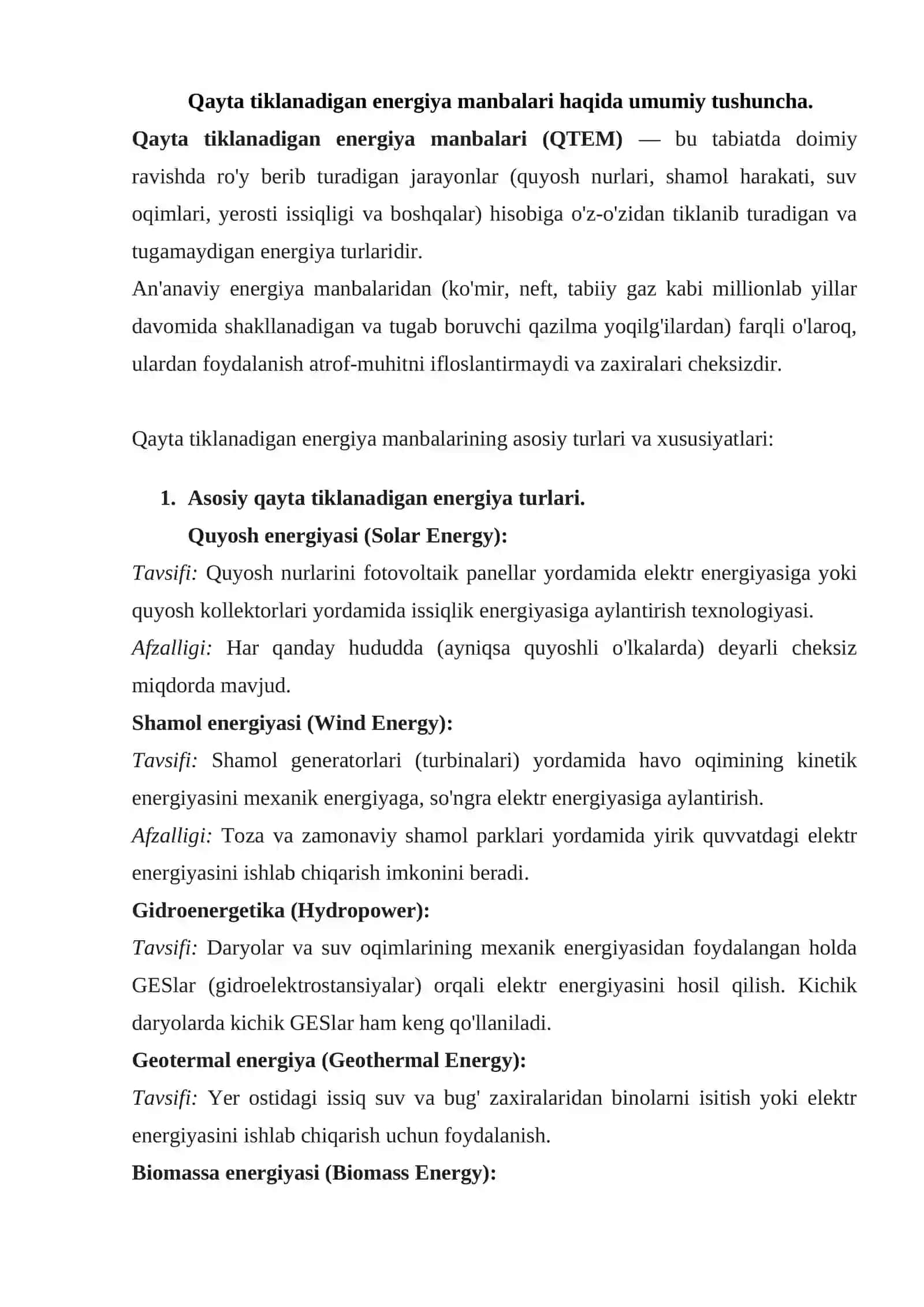 Qayta tiklanadigan energiya manbalaridan foydalanish 2