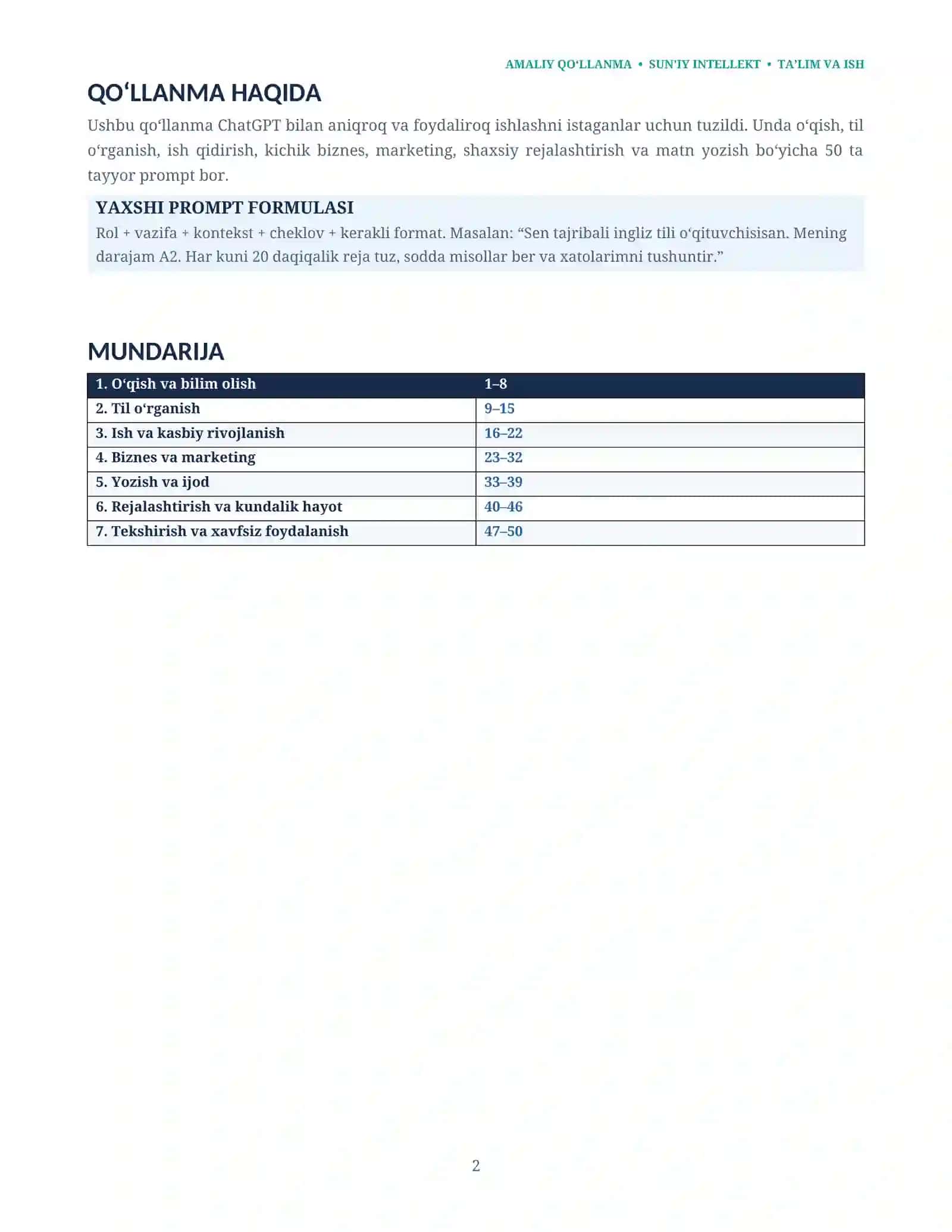 ChatGPT uchun 50 ta tayyor prompt — O‘zbek tilida 2