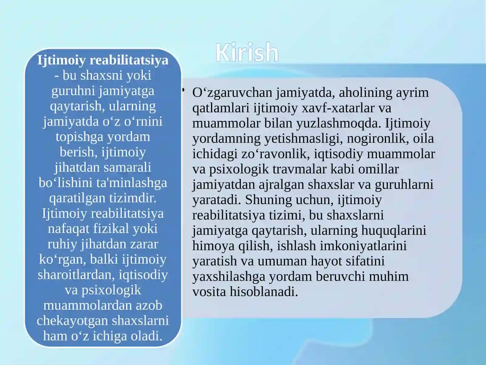 IJTIMOIY ISH AMALIYOTIDA QOʻLLANILADIGAN IJTIMOIY REABILITATSIYA SHAKLLARI VA USULLARI 2