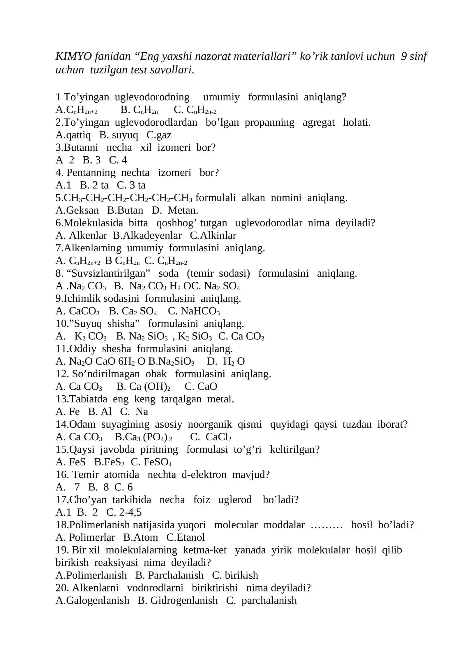 Kimyo fani test savollari 2