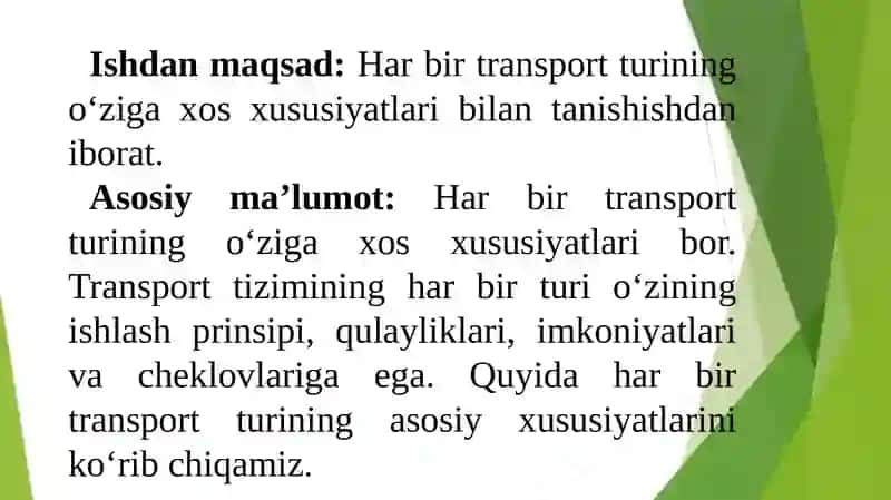 3-amaliy mashg’ulot: Har bir transport turining o‘ziga xos xususiyatlari 2