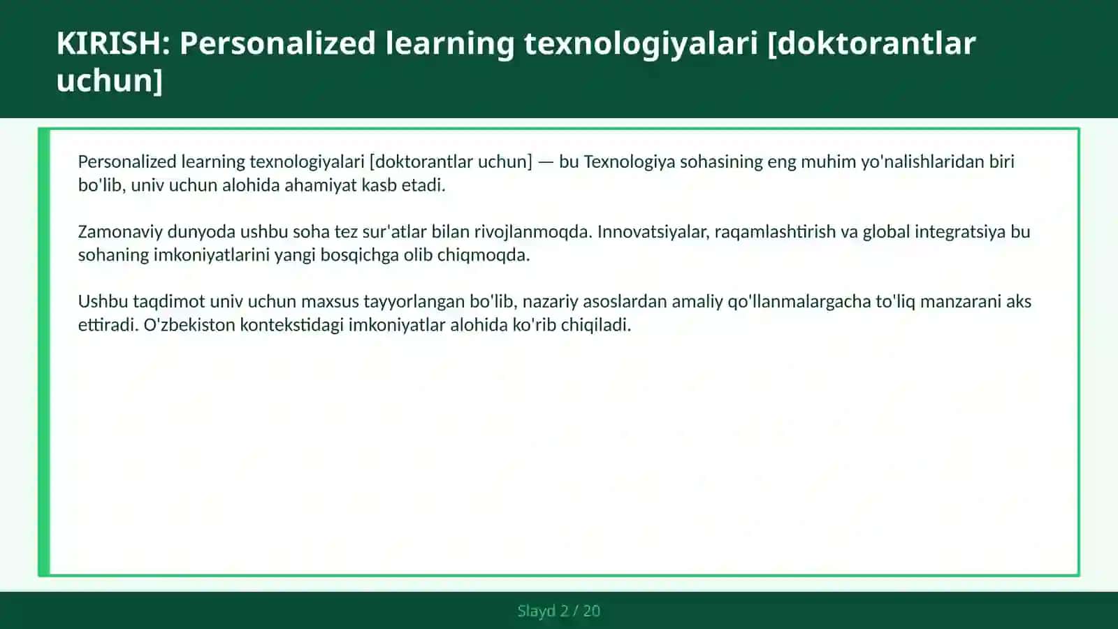 Personalized learning texnologiyalari [doktorantlar uchun] 2