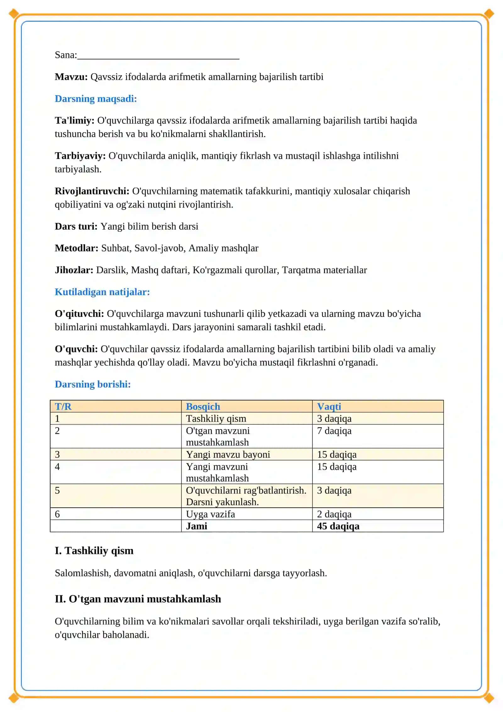 Lesson on Qavssiz ifodalarda arifmetik amallarning bajarilish tartibi 2