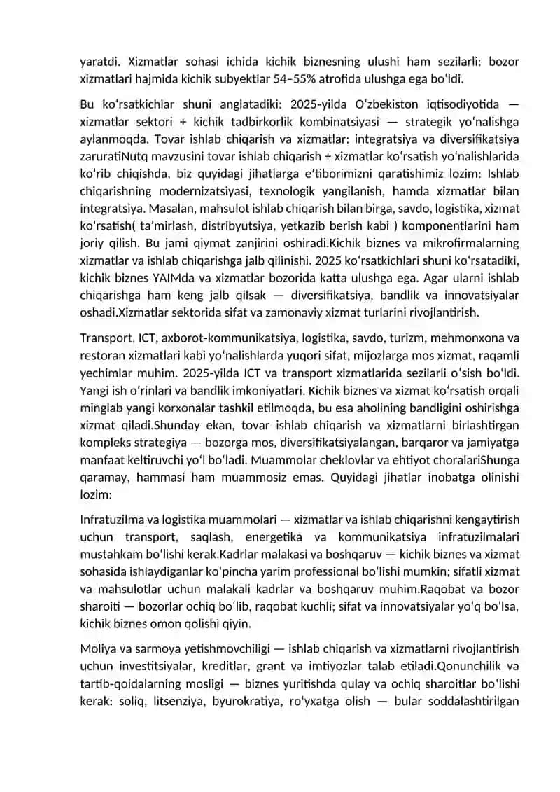 Tovar ishlab chiqarish va xizmat koʻrsatish boʻyicha tadbirkorlikni rivojlantirish masalalar 2