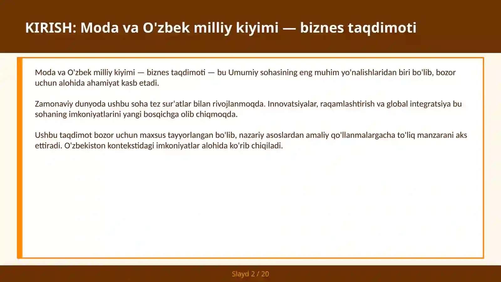 MODA VA O'ZBEK MILLIY KIYIMI — BIZNES TAQDIMOTI 2