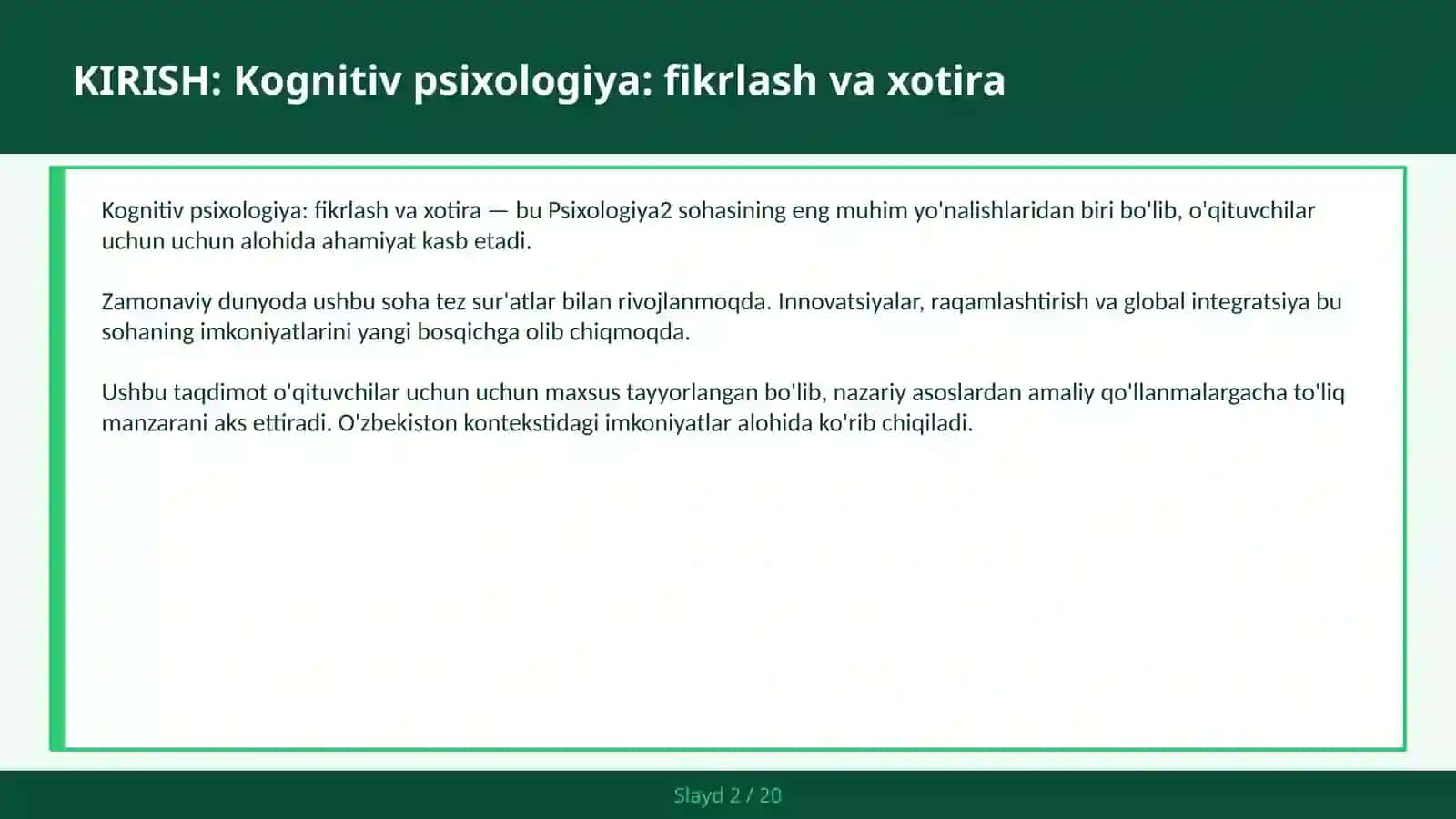 KOGNITIV PSIXOLOGIYA: FIKRLASH VA XOTIRA 2