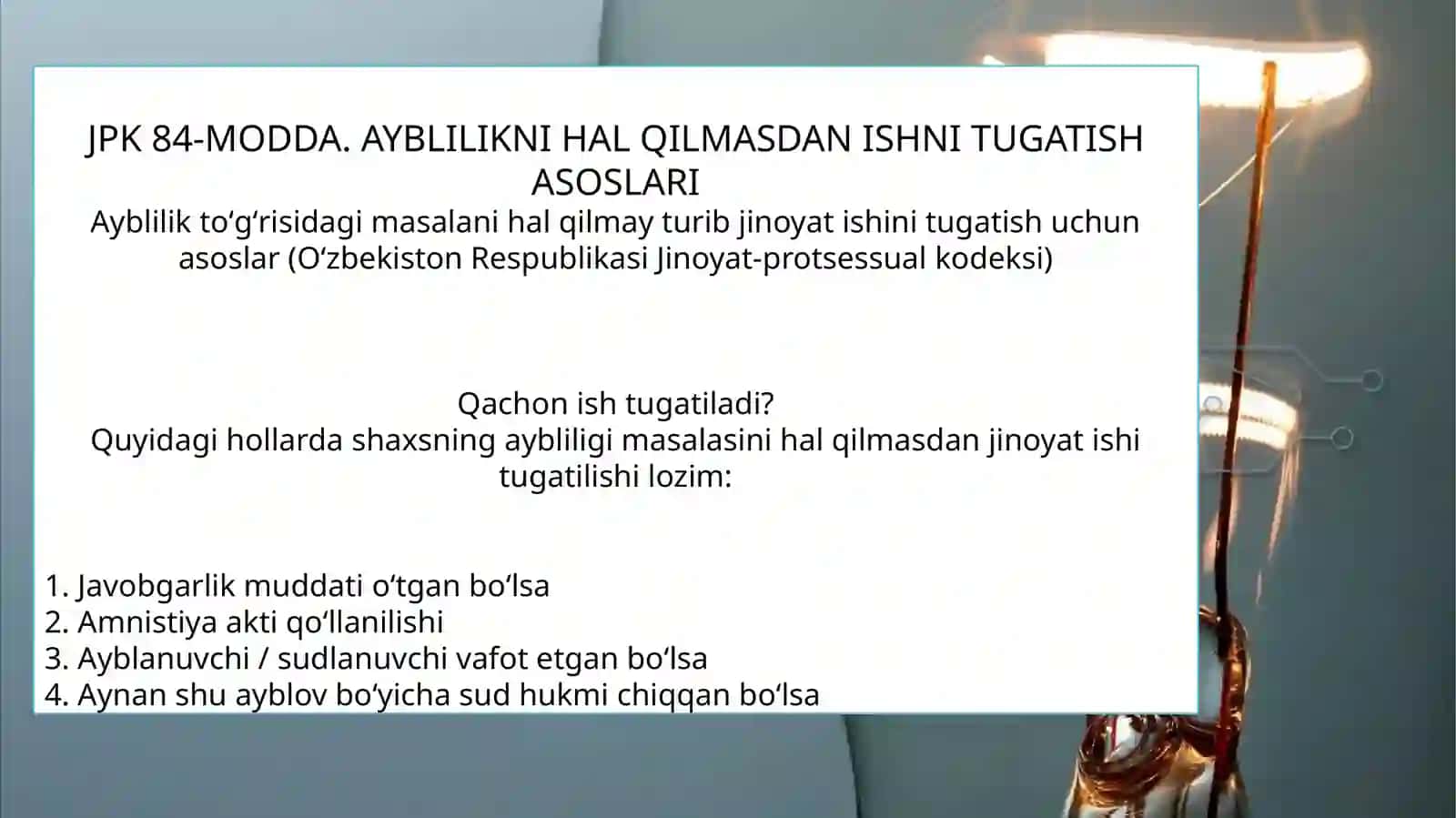 Ayblilik toʻgʻrisidagi masalani hal qilmay turib jinoyat ishini tugatish asoslarini va tartibini 2