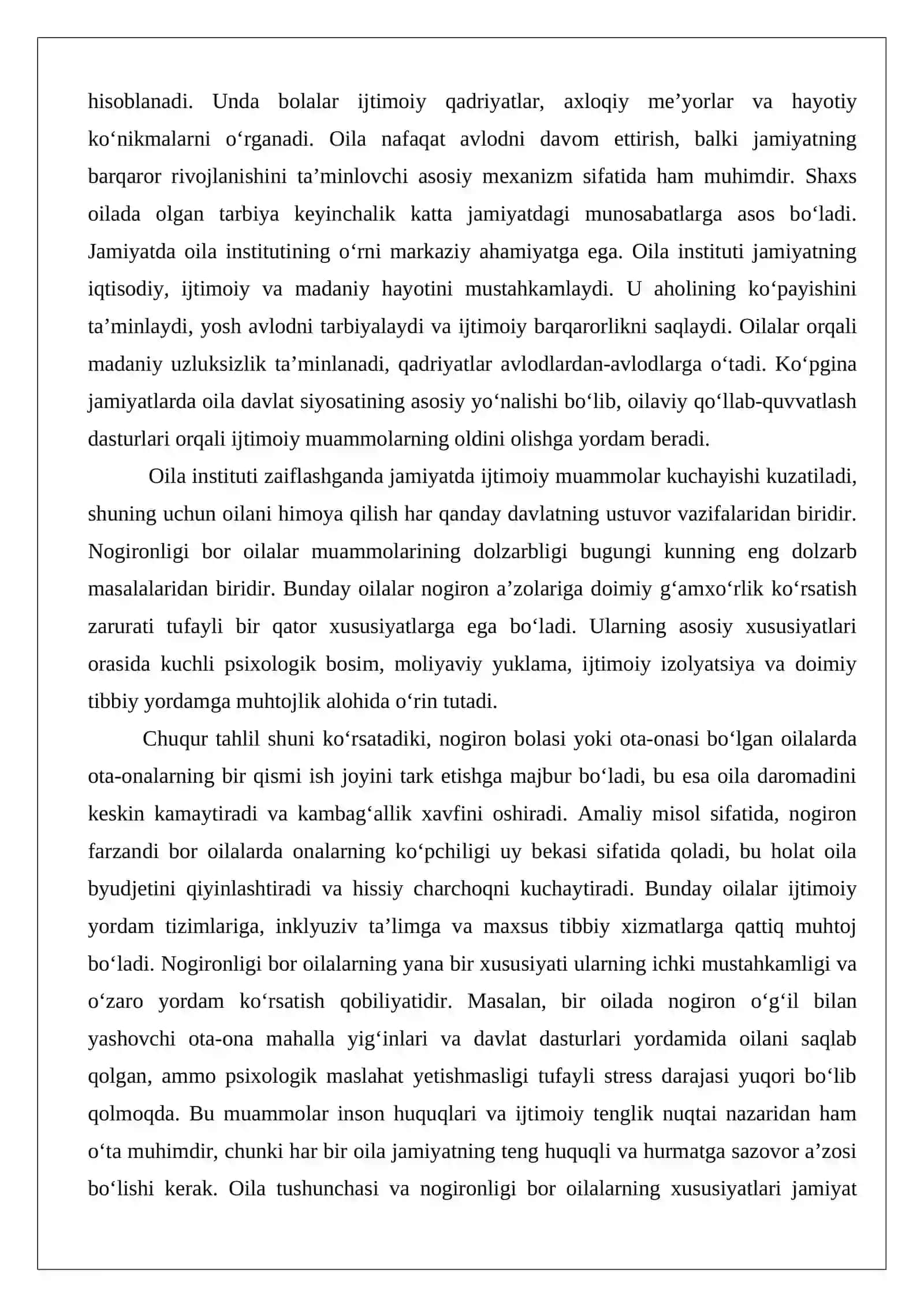 Nogironligi bor oilalarni xususiyatlari. Oila tushunchasi. 2