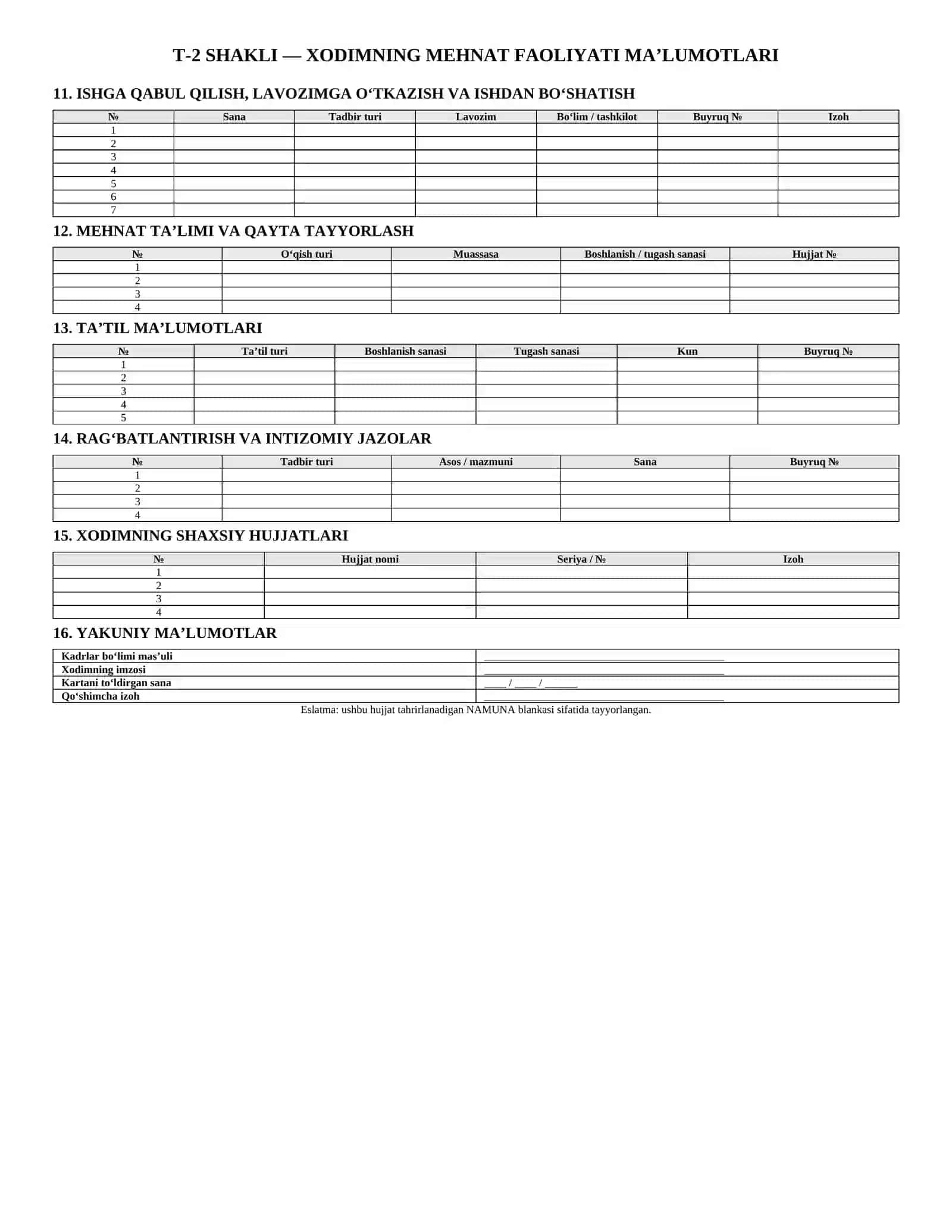 T-2 shakli — Shaxsiy varaqa kartasi namuna blankasi  Format: DOCX 2
