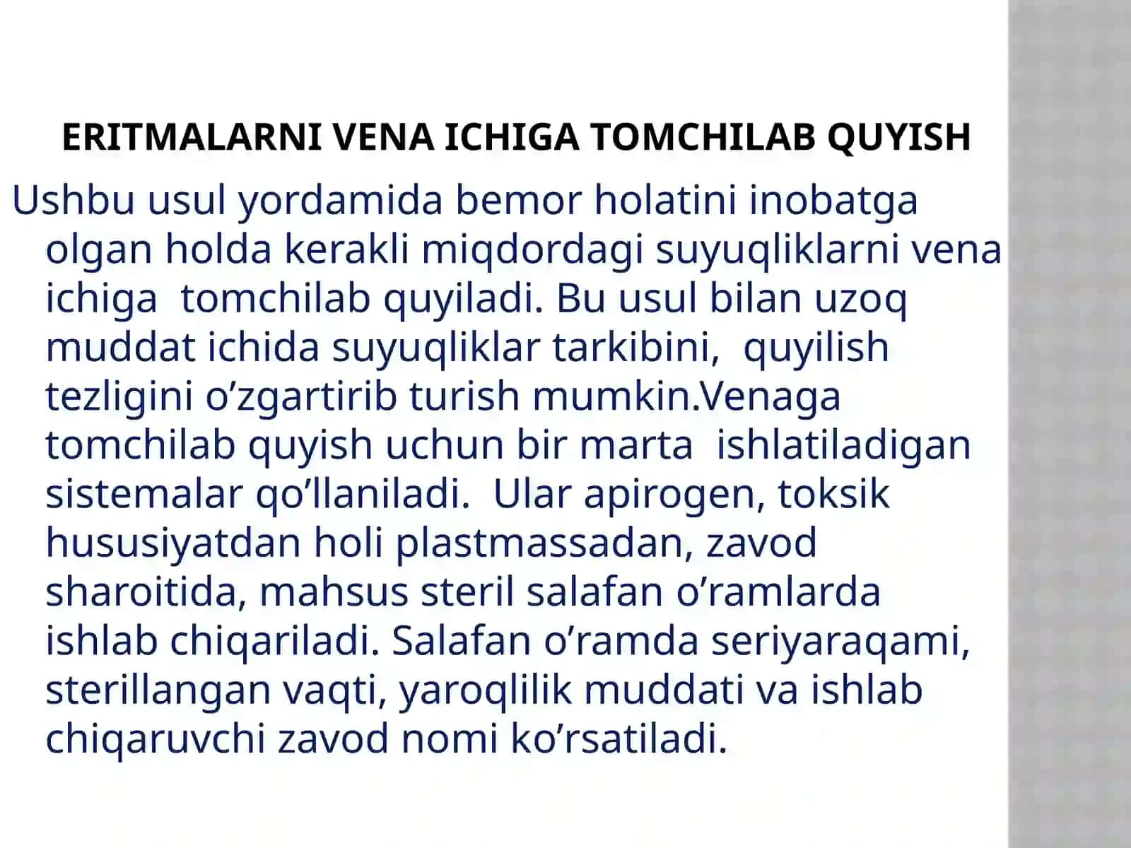 Qosimova Zilolaxonning “Dori moddasini tomir ichiga oqim bilan va tomchi usuli dayuborish” MAVZUSIDA (AMALIY DARS) TAQDIMOTI 2