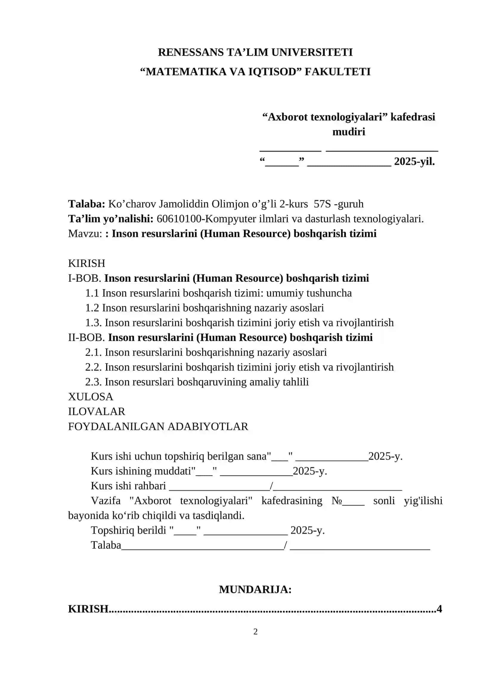 Inson resurslarini (Human Resource) boshqarish tizimi 2