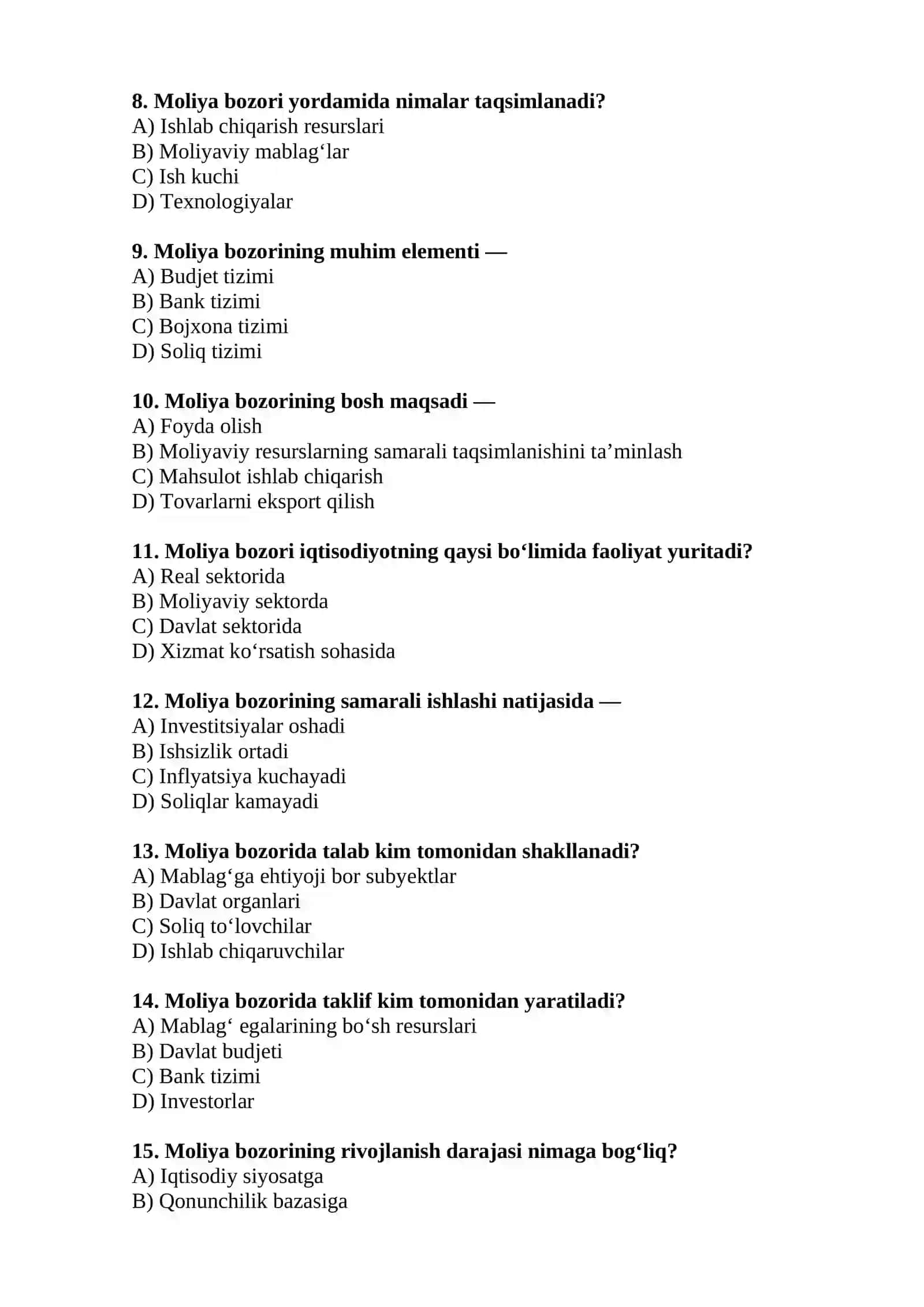 "Moliya bozorining iqtisodiyotdagi o’rni va vazifalari" mavzu bo’yicha test savollari 2