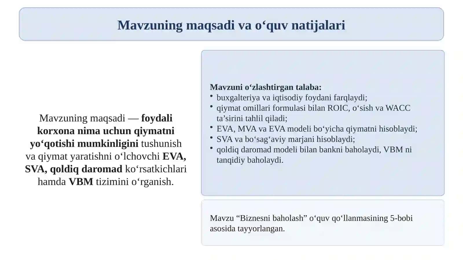Iqtisodiy foyda konsepsiyasi va qiymatga asoslangan boshqaruv 2