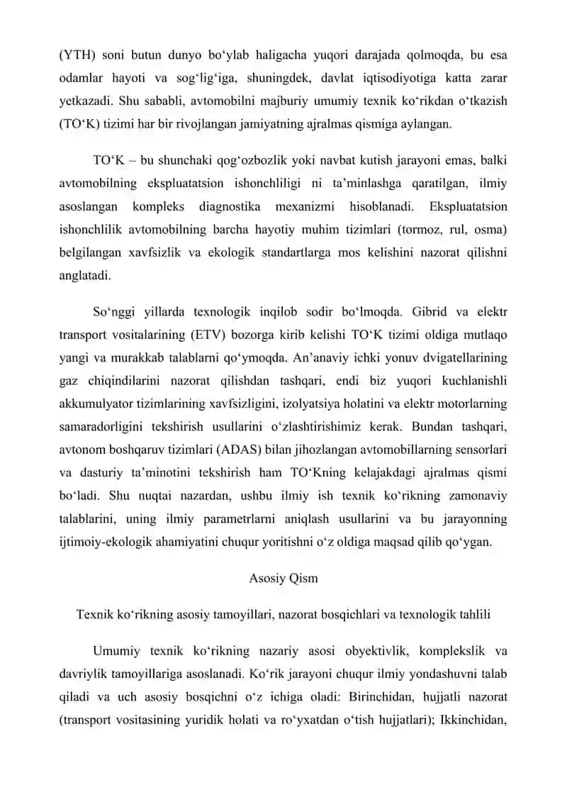 AVTOMOBILNI UMUMIY TEXNIK KO'RIKNING ILMIY-AMALIY ASOSLARI 2