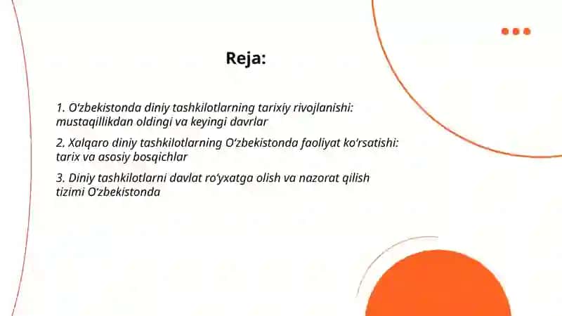 O'zbekistenda faoliyat yurituvehi diniy tashkilotlar. Xalgaro diniy tashkilotlar faoliyatining tarixi va ularing bargaror rivojlanish maqsadlariga erishishdagi ahamiyati 2