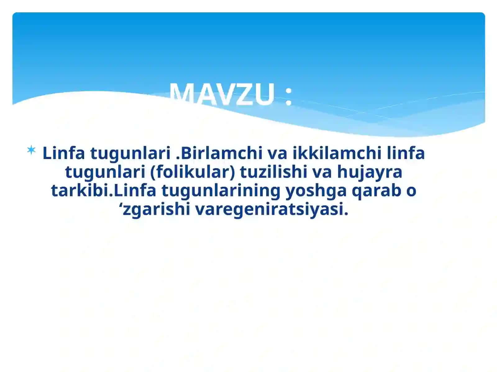 Limfa tugunlari .Birlamchi va ikkilamchi limfa tugunlari (folikular) tuzilishi va hujayra tarkibi.Linfa tugunlarining yoshga qarab o ‘zgarishi varegeniratsiyasi. 2