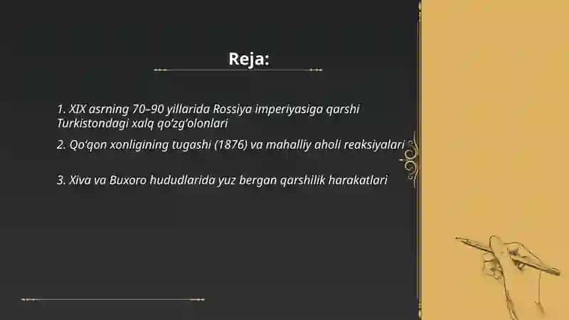 XlX asrning 70-90 yillarida Turkiston oʻlkasidagi xalq harakatlari 2
