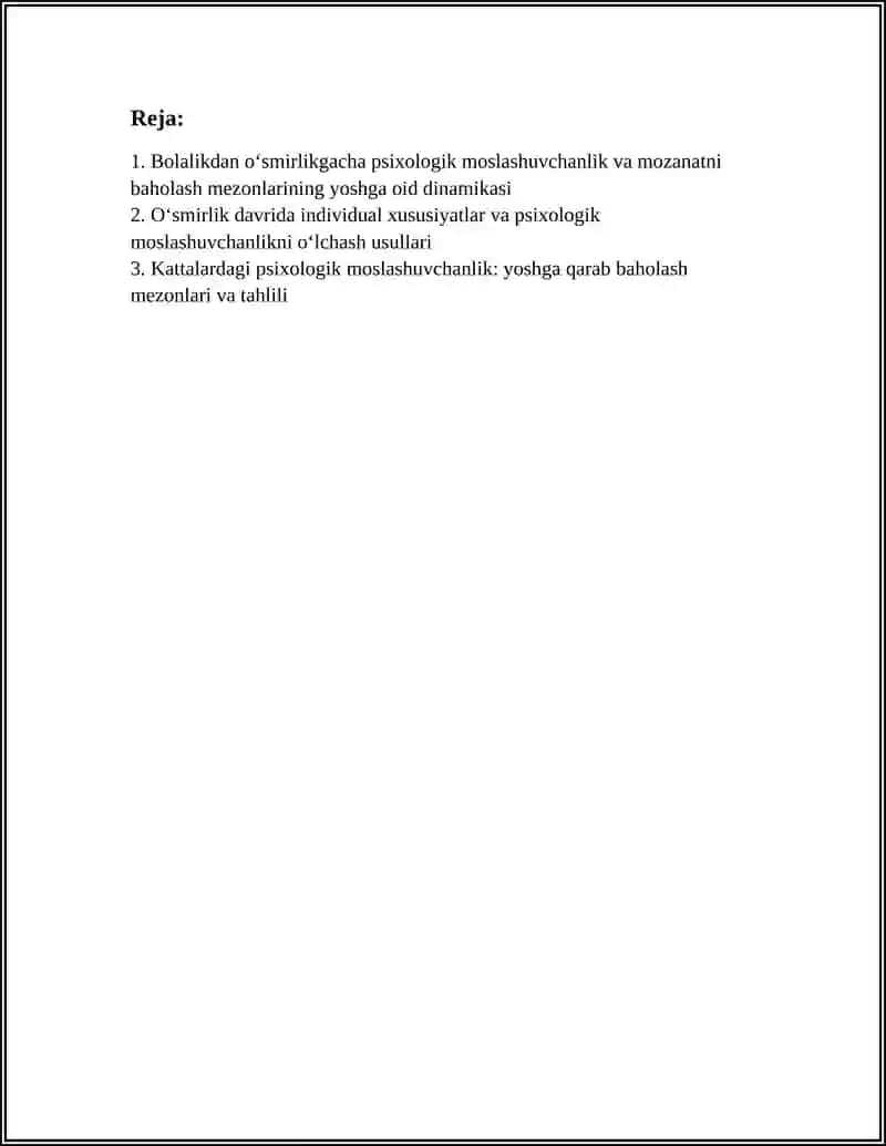 PSIXOLOGIK MOSLASHUVCHANLIK VA MOZANATNI BAHOLASH MEZONLARI RIVOJLANISHNIG YOSHGA VA INDIVIDUAL XUSUSIYATLARIGA OID TADIQOTLAR TAHLILI 2