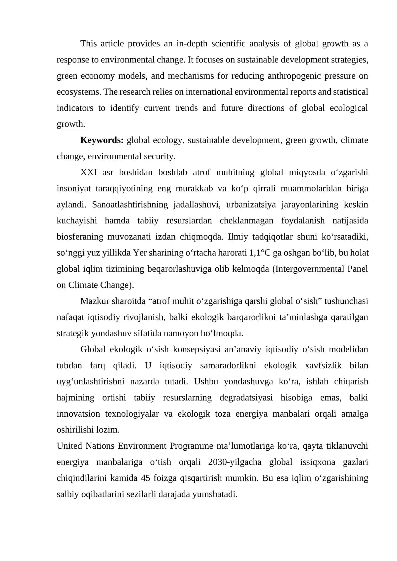 ATROF MUHIT O‘ZGARISHIGA QARSHI GLOBAL O‘SISH: ILMIY-NAZARIY VA AMALIY YONDASHUVLAR 2