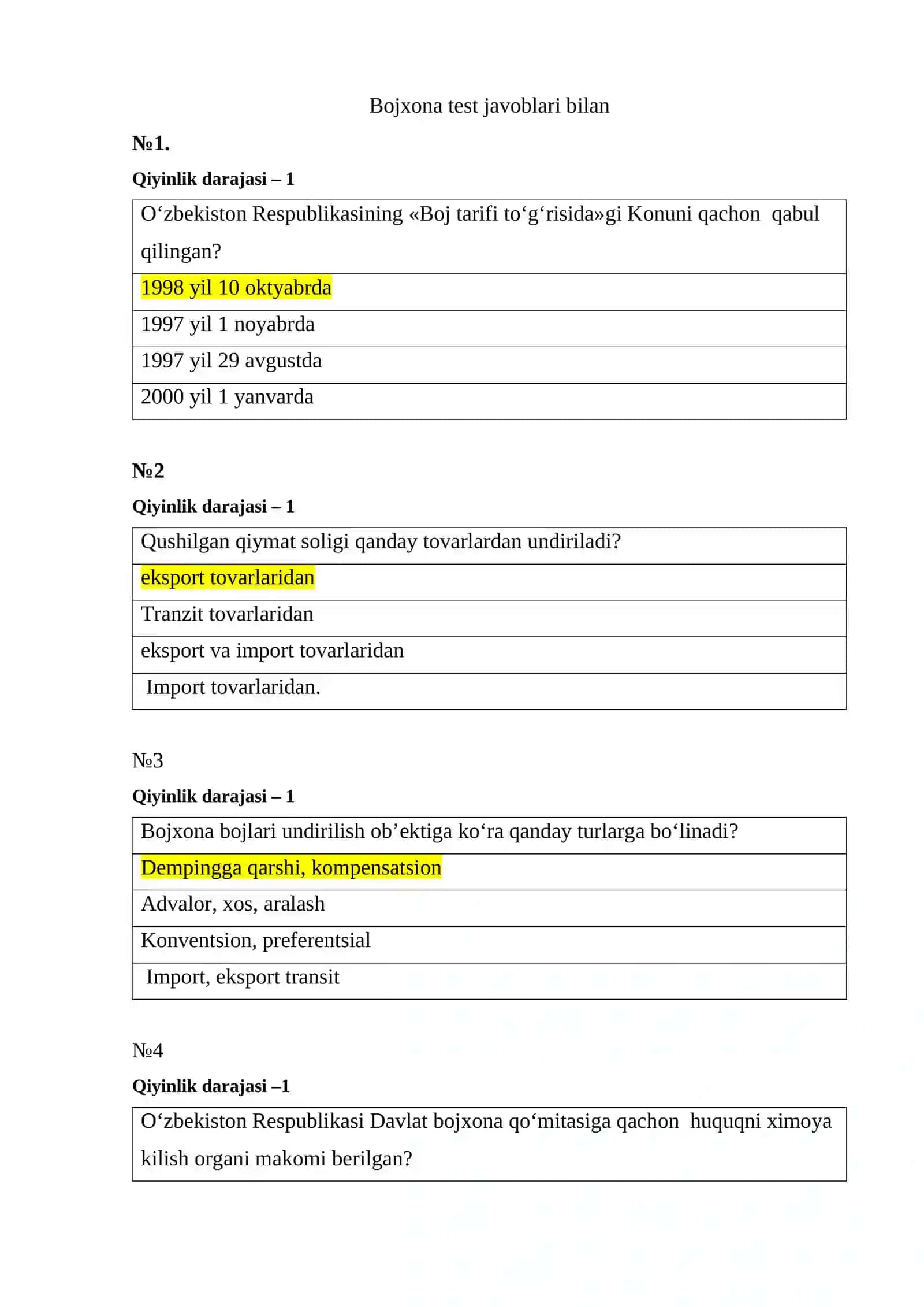 Bojxona qo‘mitasiga ishga kirish uchun test savol-javoblar to‘plami 2