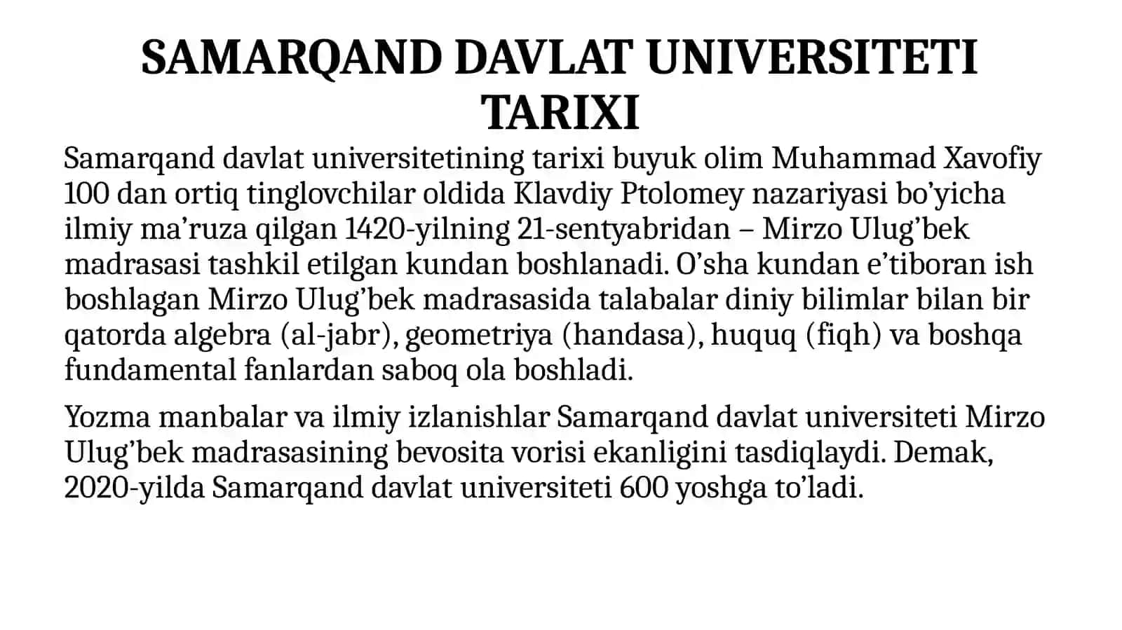 SAMARQAND DAVLAT UNIVERSITETI TARIXI 2