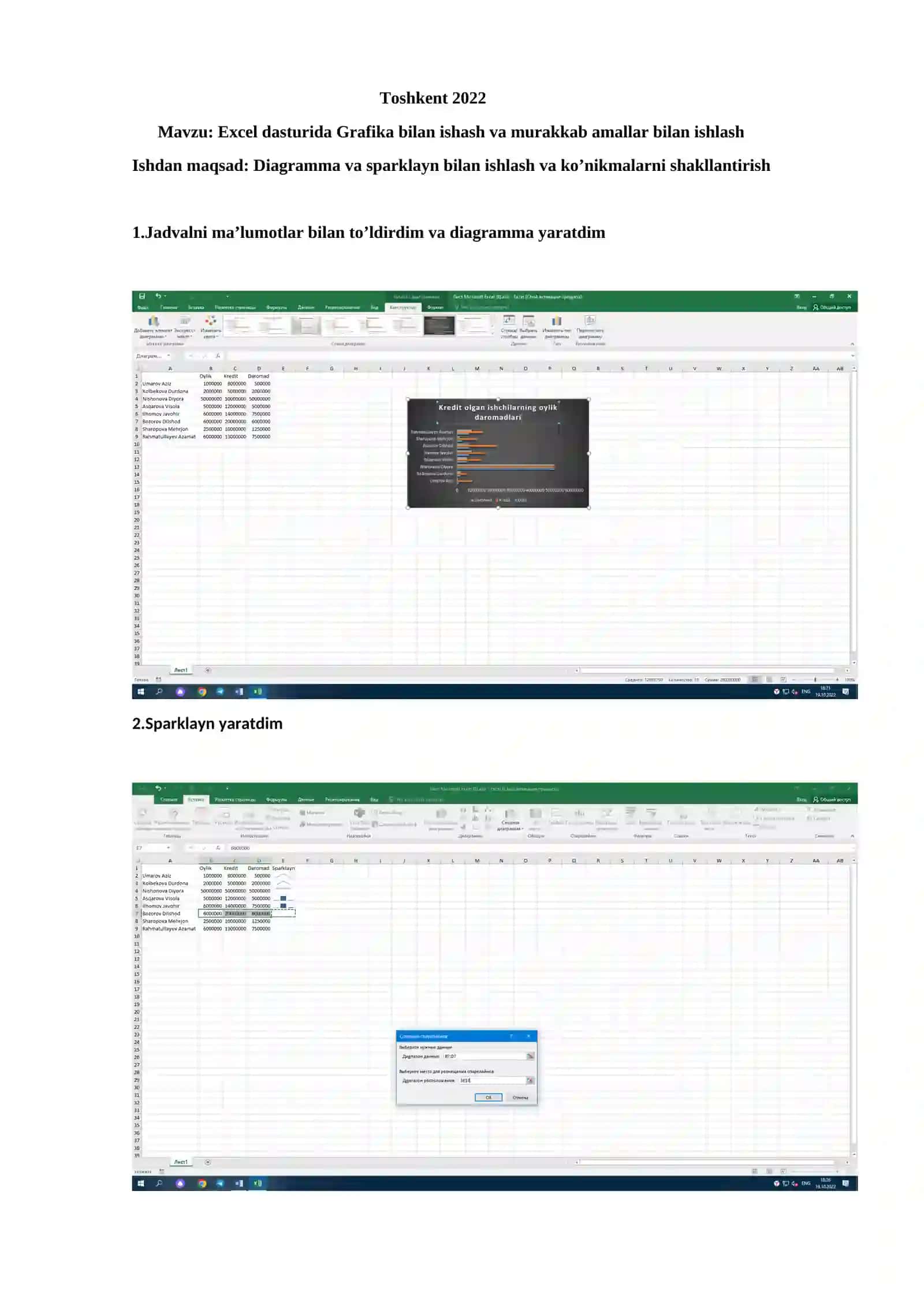 Excel dasturida Grafika bilan ishash va murakkab amallar bilan ishlash 2
