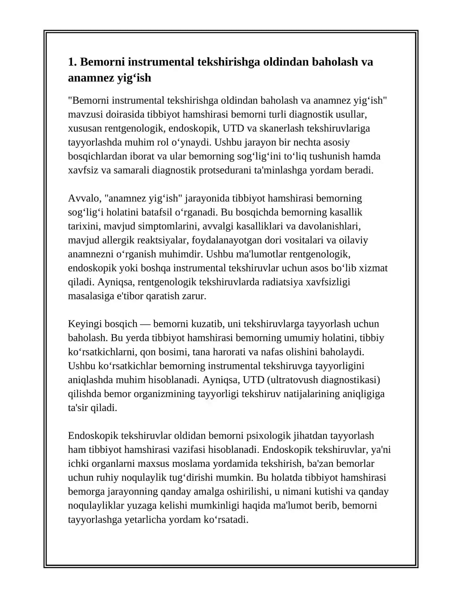 BEMORNI INSTRUMENTAL RENTGENOLOGIK ENDESKOPIK UTD VA SIKANERLASH TEKSHURUVLARGA TAYORLAWDA TIBBIYOT HAMISHIRASINI VAZIFASI 2