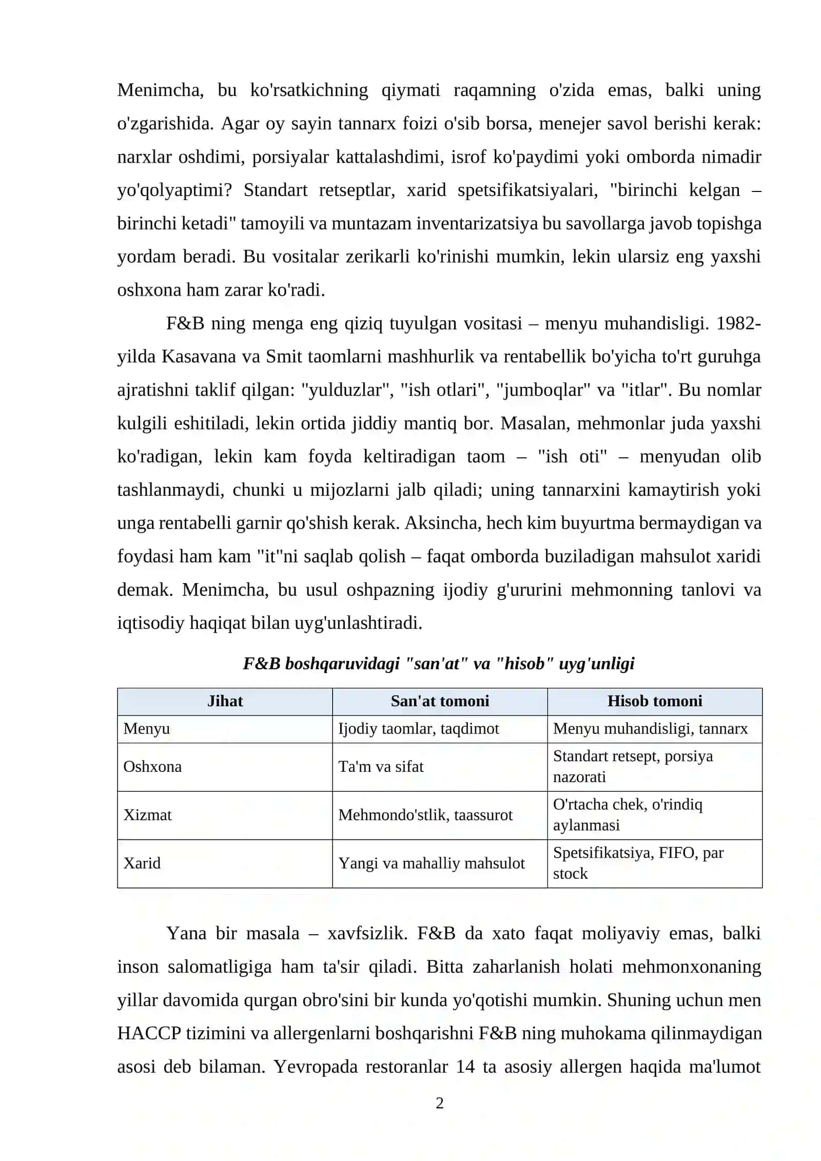 XALQARO MEHMONXONA MENEJMENTIDA F&B BOSHQARUVI 2