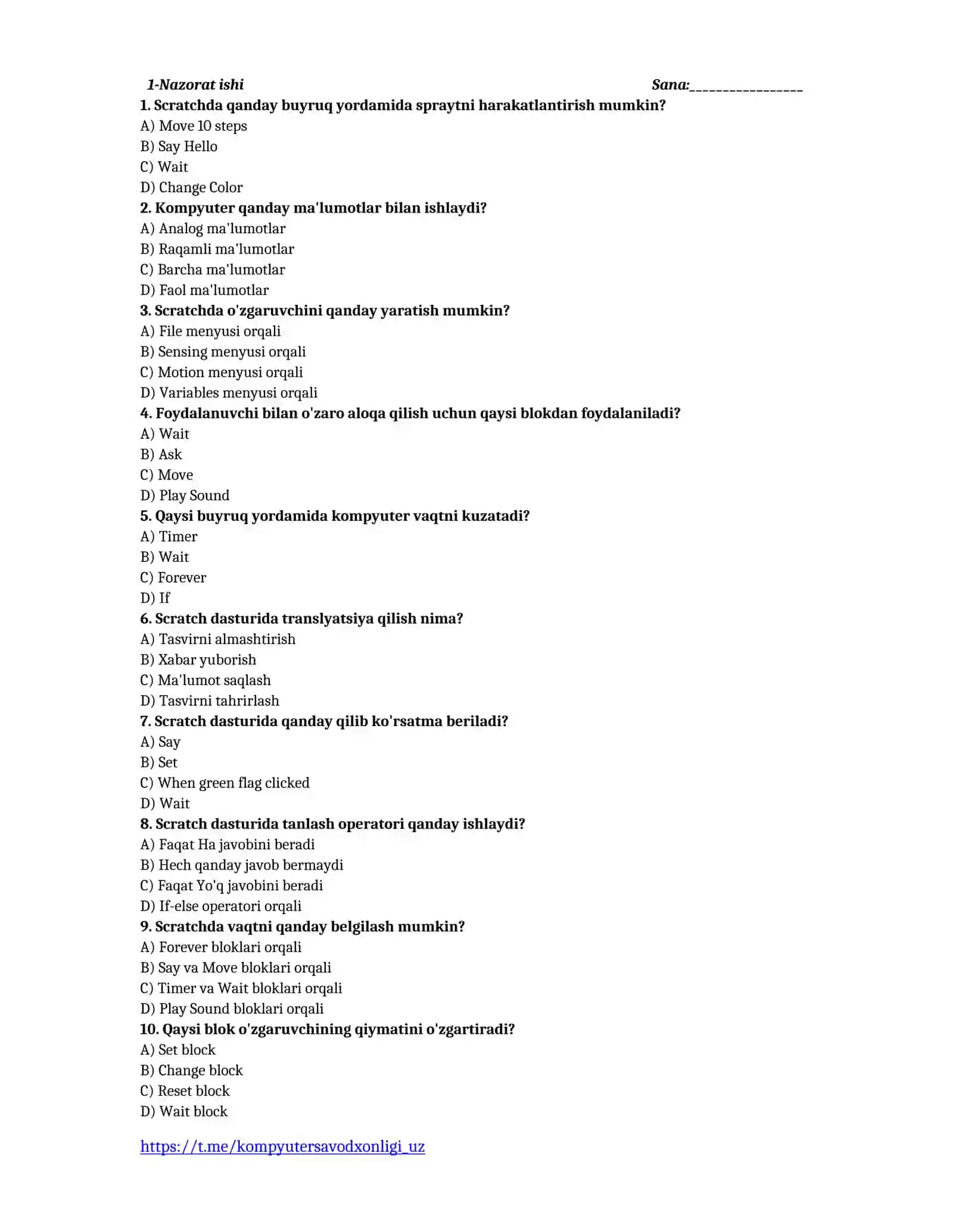 8-sinf informatika fanidan choraklik nazorat testlari 2