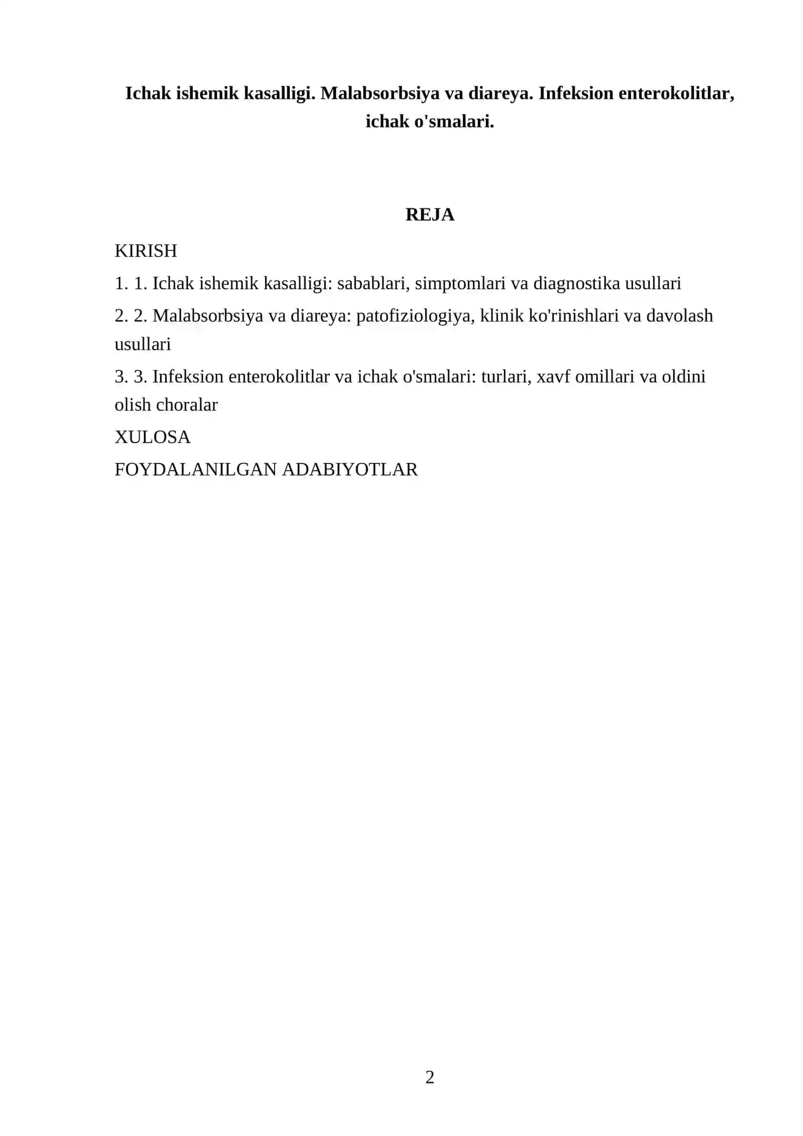Ichak ishemik kasalligi. Malabsorbsiya va diareya. Infeksion enterokolitlar, ichak o'smalari 2