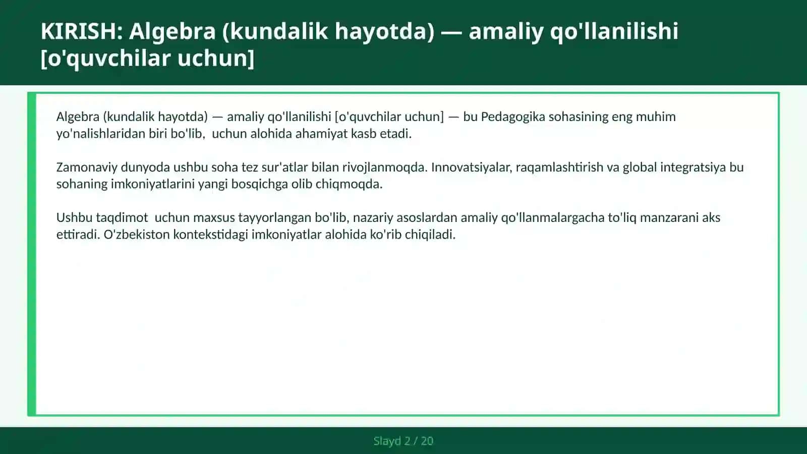 Algebra (Kundalik Hayotda) — Amaliy Qo'llanilishi [O'quvchilar Uchun] 2