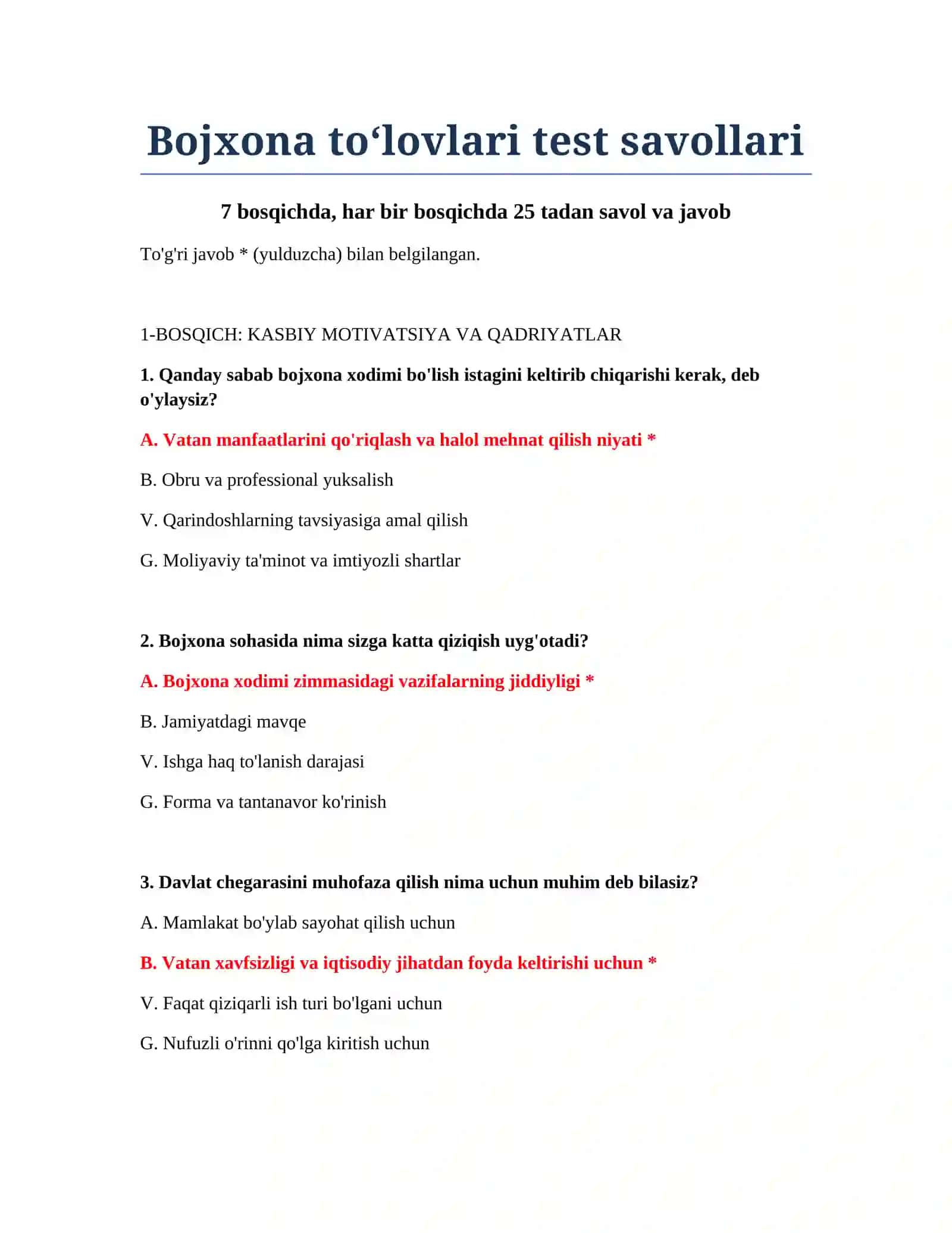 Bojxona to‘lovlari test savollari 2