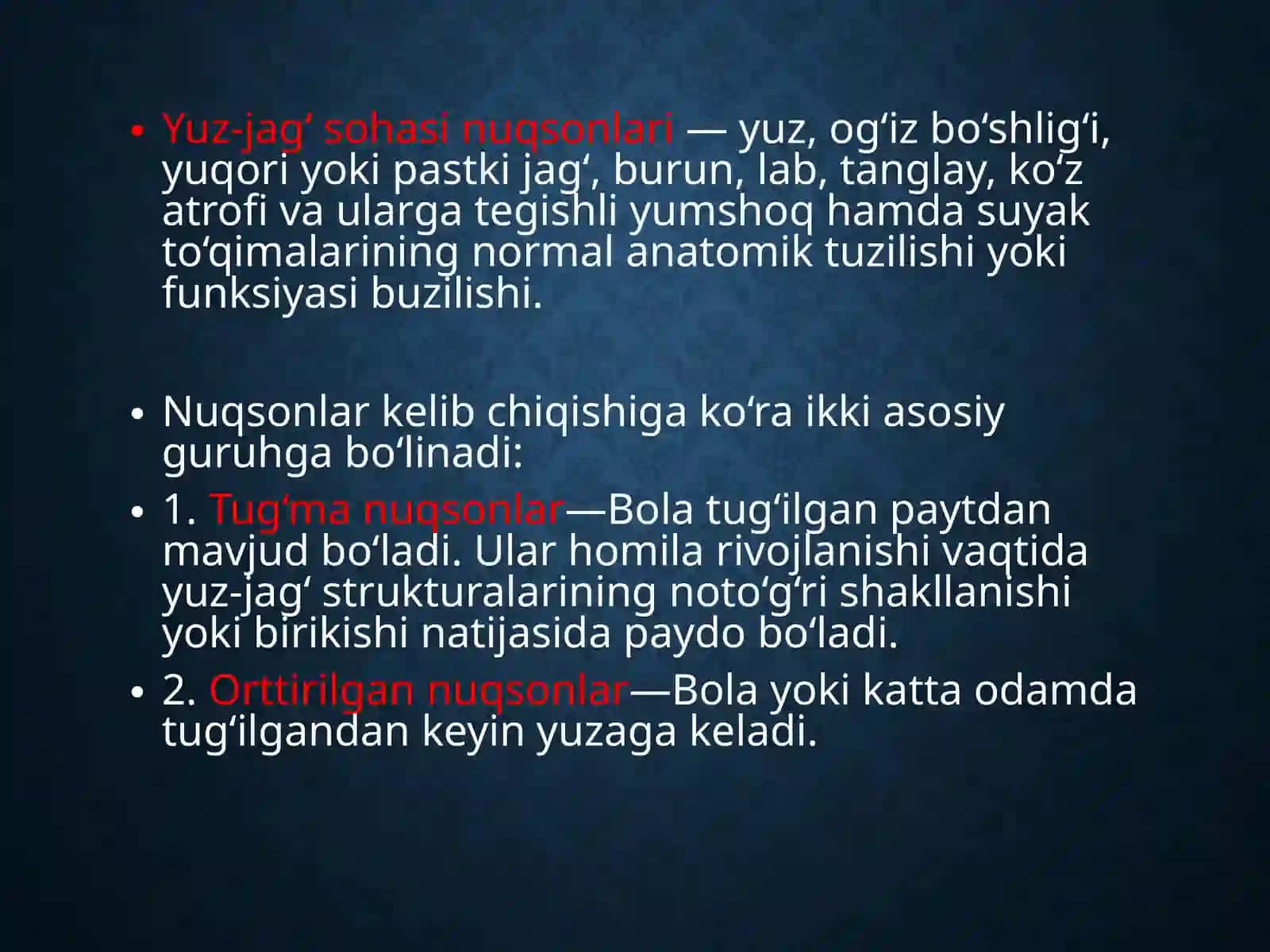 yuz-jag' sohasi va orttirilgan nuqsonlari 2
