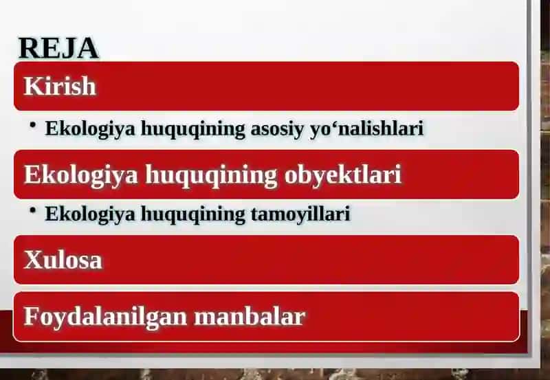 Ekologiya huquqining tushunchasi, yo‘nalishlari, obyektlari tamoyillari 2