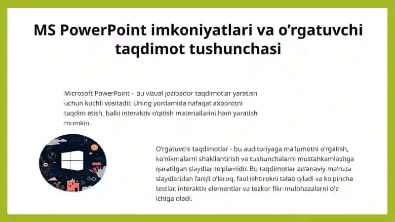 MS Power Pointda o'rgatuvch-interaktiv  taqdimotlar yaratish 2