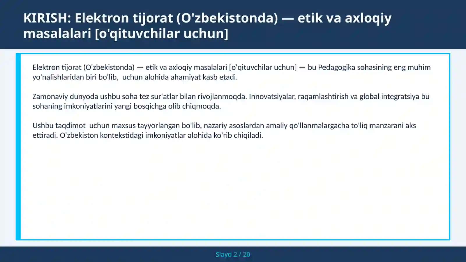 Elektron tijorat (O'zbekistonda) — etik va axloqiy masalalari [o'qituvchilar uchun] 2