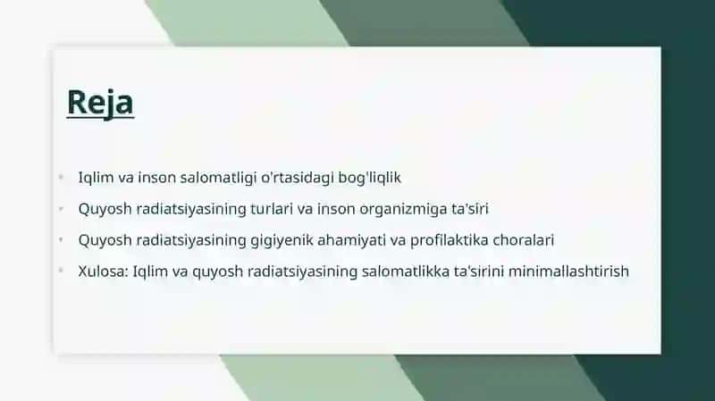 Iqlim va inson salomatligi. Quyosh radiatsiyasi va uning gigiyenik ahamiyati 2