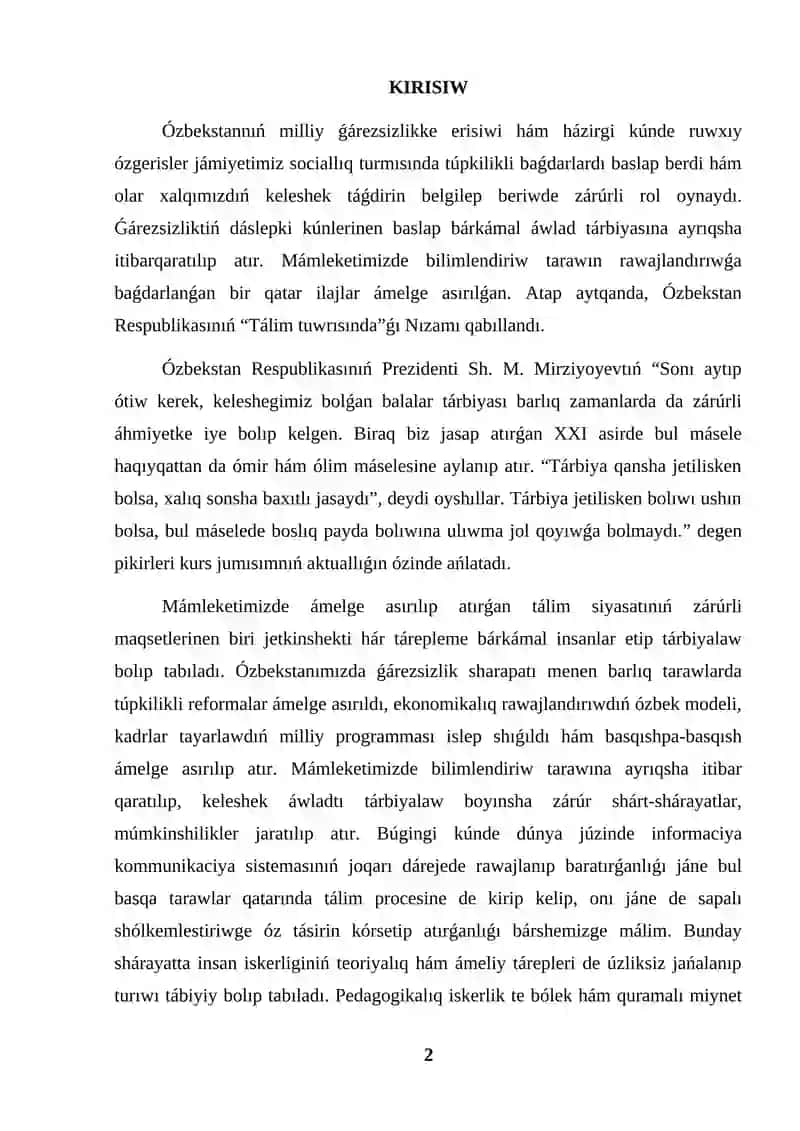KURS JUMISI SAWAT ÚYRETIW DÁWIRINDE OQIWSHILARDI ÓZBETINSHE JUMISLARǴA ÚYRETIW 2