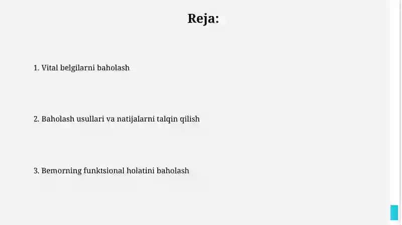Bemorlarning funksional holatini bohalash. Hayot uchun zarur koʻrsatgichlarni baholash 2