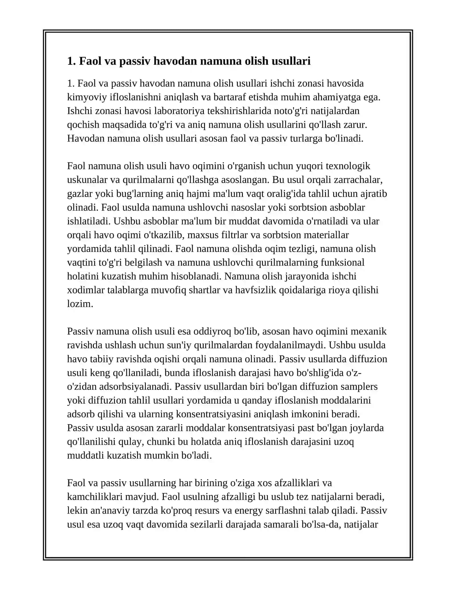 ISHCHI ZONASI HAVOSINING KIMYOVIY IFLOSLANGANLIGINING LABORATORIYA TEKSHIRISHLARI 2